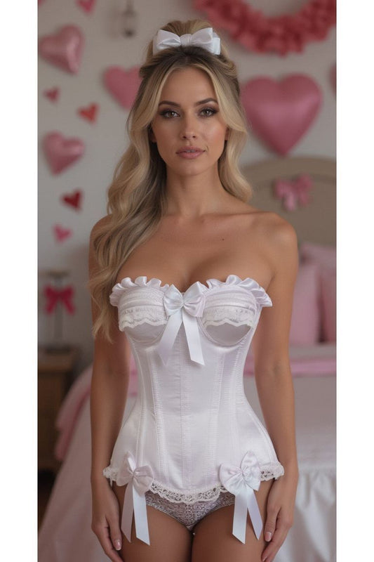 Top Drawer White Satin Steel Boned Burlesque Corset - Daisy Corsets