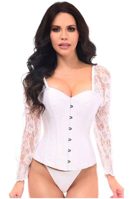Top Drawer White w/White Lace Steel Boned Long Sleeve Corset - Daisy Corsets