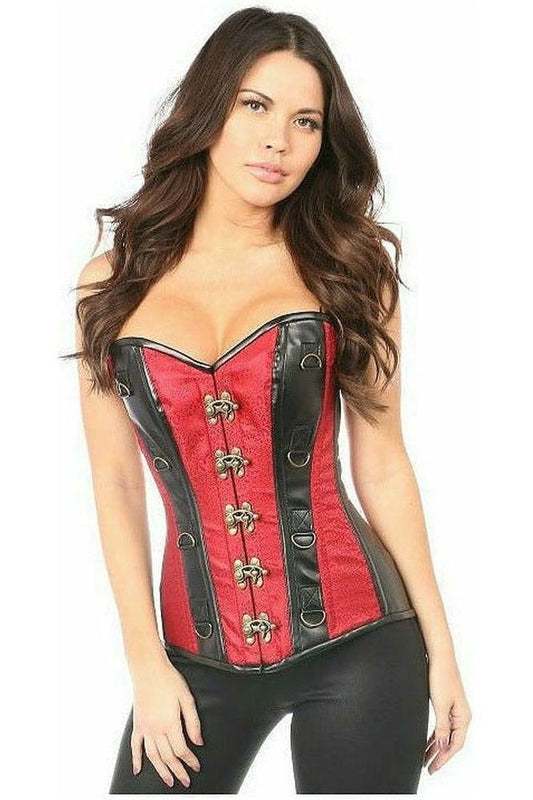 Top Drawer Wine Brocade & Faux Leather Steel Boned Corset - Daisy Corsets
