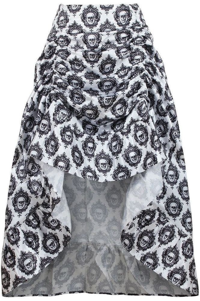 White & Black Skull Satin Adjustable High Low Skirt - Daisy Corsets