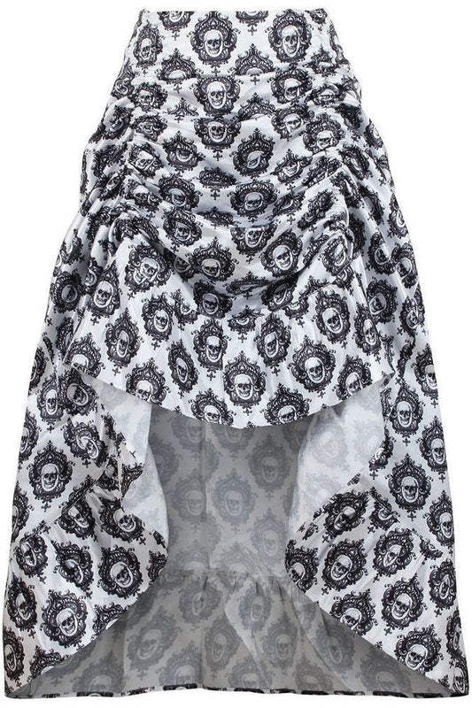 White & Black Skull Satin Adjustable High Low Skirt - Daisy Corsets