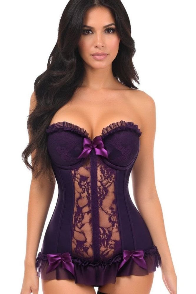 Lavish Plum Lycra & Lace Hook & Eye Stretch Bustier Corset