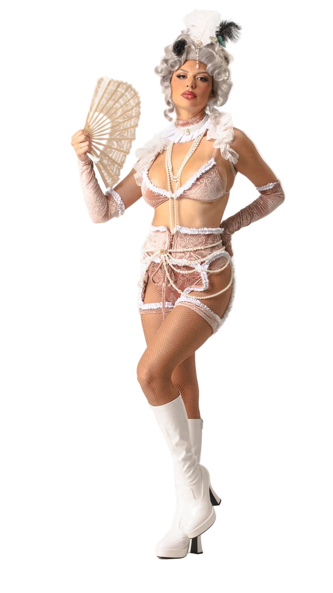 A model posing in a vintage-style Marie Antoinette costume, featuring a grey and white faux fur vest, matching grey wig with black feather accents, a white lace lingerie set, white thigh-high boots, and holding a white folding fan against a plain white studio background.