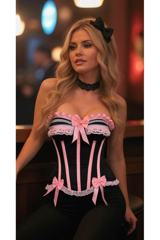 Top Drawer Black/Pink Steel Boned Burlesque Corset