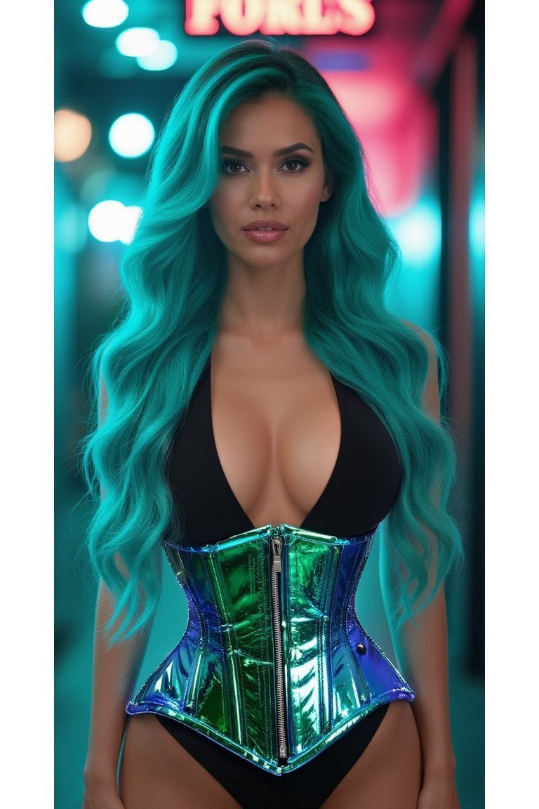 Top Drawer Blue/Teal Holo Double Steel Boned Underbust Waist Cincher Corset