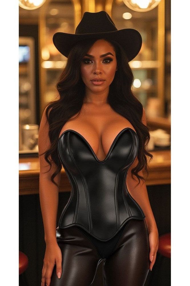 Top Drawer Steel Boned Black Faux Leather Plunge Neckline Overbust Corset