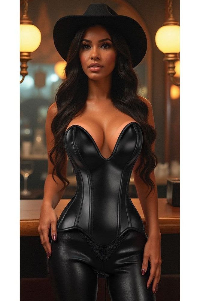 Top Drawer Steel Boned Black Faux Leather Plunge Neckline Overbust Corset