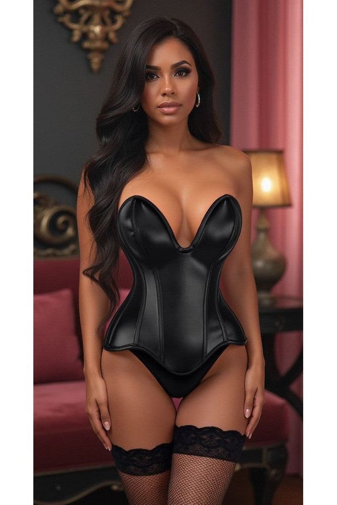 Top Drawer Steel Boned Black Faux Leather Plunge Neckline Overbust Corset