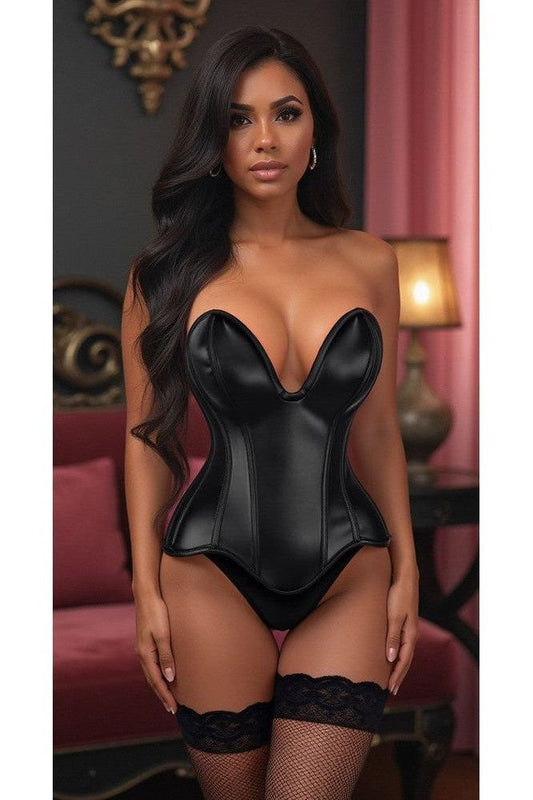 Top Drawer Steel Boned Black Faux Leather Plunge Neckline Overbust Corset