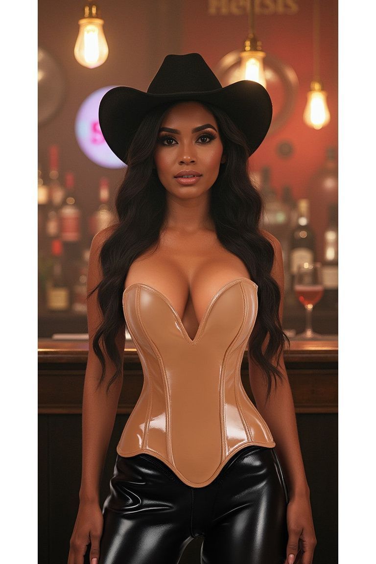 Top Drawer Steel Boned Caramel Patent Plunge Neckline Overbust Corset