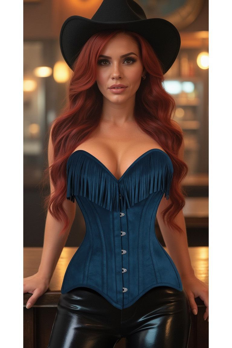 Top Drawer Blue Suede Steel Boned Overbust Corset w/Fringe