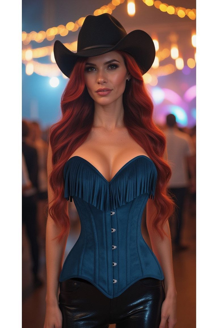 Top Drawer Blue Suede Steel Boned Overbust Corset w/Fringe