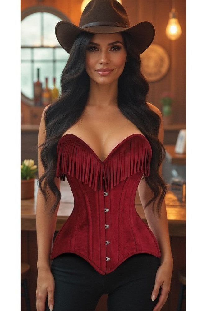 Top Drawer Red Suede Steel Boned Overbust Corset w/Fringe