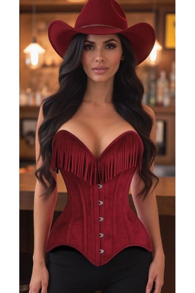 Top Drawer Red Suede Steel Boned Overbust Corset w/Fringe