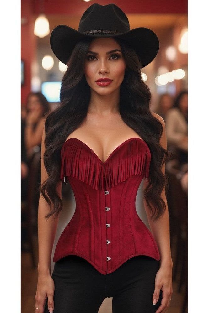 Top Drawer Red Suede Steel Boned Overbust Corset w/Fringe