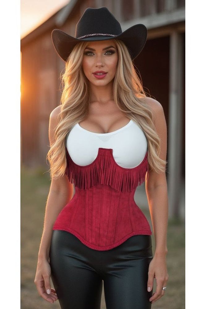 Top Drawer Steel Boned Red Suede Underwire Underbust Corset Cincher w/Fringe