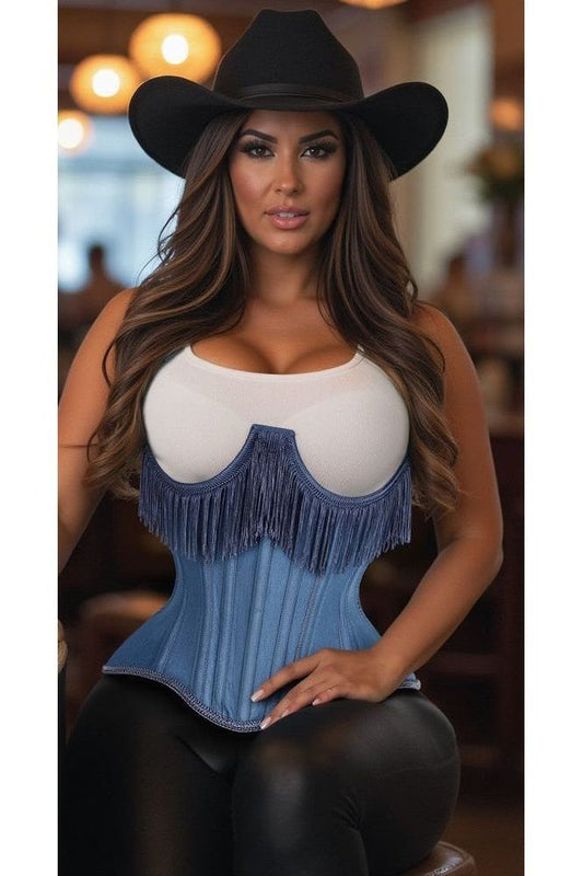 Top Drawer Steel Boned Blue Denim Underwire Underbust Corset Cincher w/Fringe