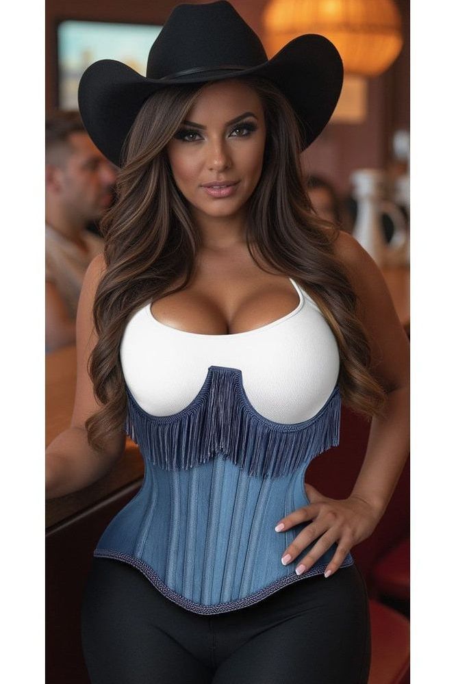 Top Drawer Steel Boned Blue Denim Underwire Underbust Corset Cincher w/Fringe