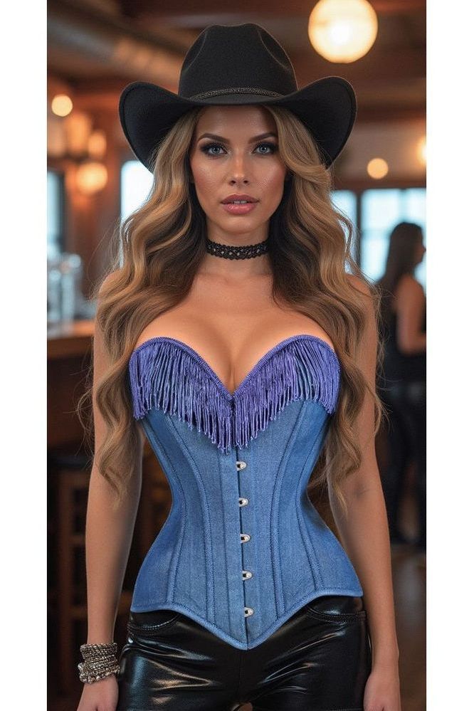 Top Drawer Blue Denim Steel Boned Overbust Corset w/Fringe