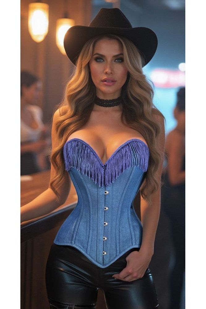 Top Drawer Blue Denim Steel Boned Overbust Corset w/Fringe