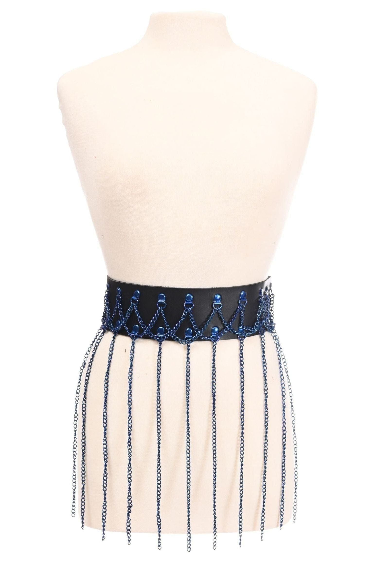 Black Faux Leather & Blue Metallic Chain Fringe Skirt - Daisy Corsets