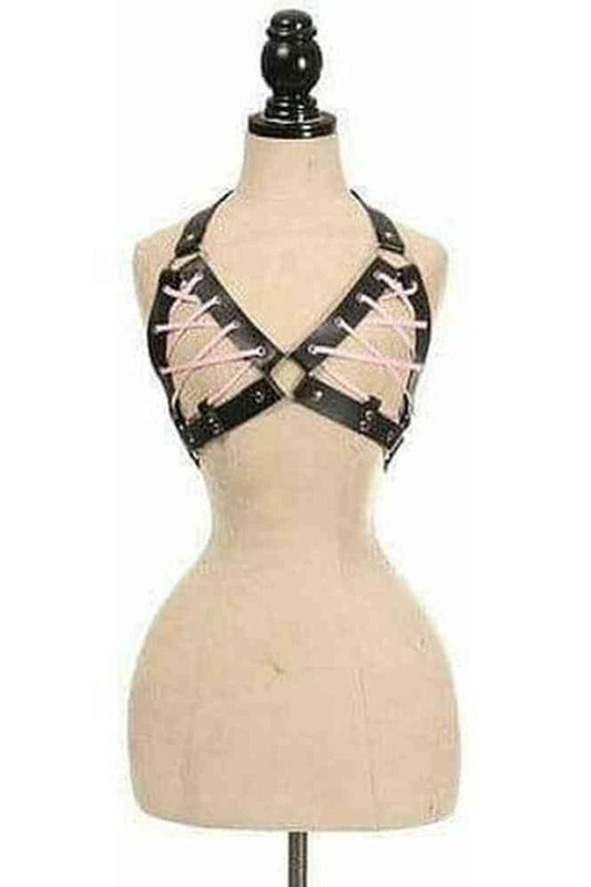 Black Faux Leather Lace - Up Bra Top - Lt Pink - Daisy Corsets