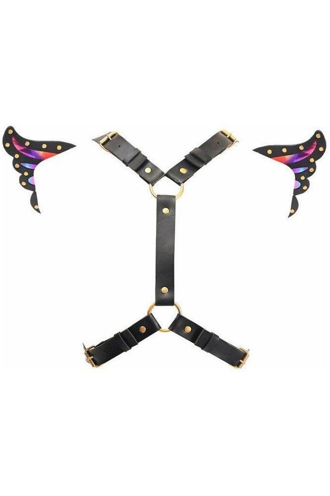 Black Faux Leather & Rainbow Holo Butterfly Wing Harness - Daisy Corsets