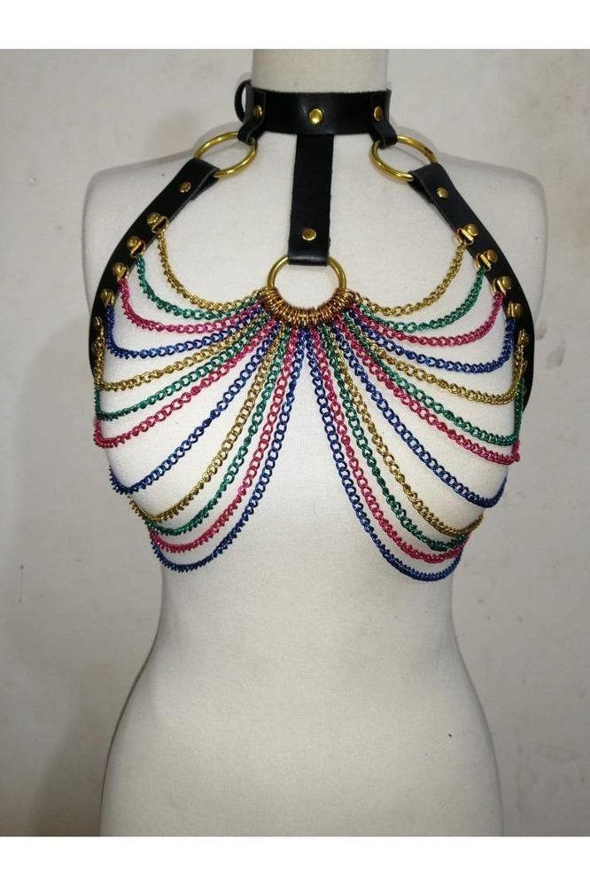 Black Faux Leather & Rainbow Metallic Chain Harness - Daisy Corsets