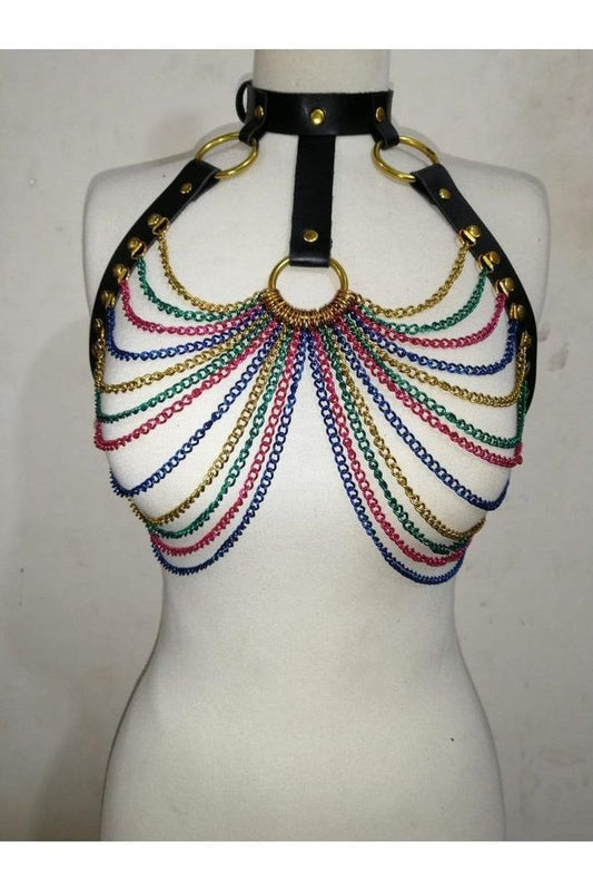 Black Faux Leather & Rainbow Metallic Chain Harness - Daisy Corsets