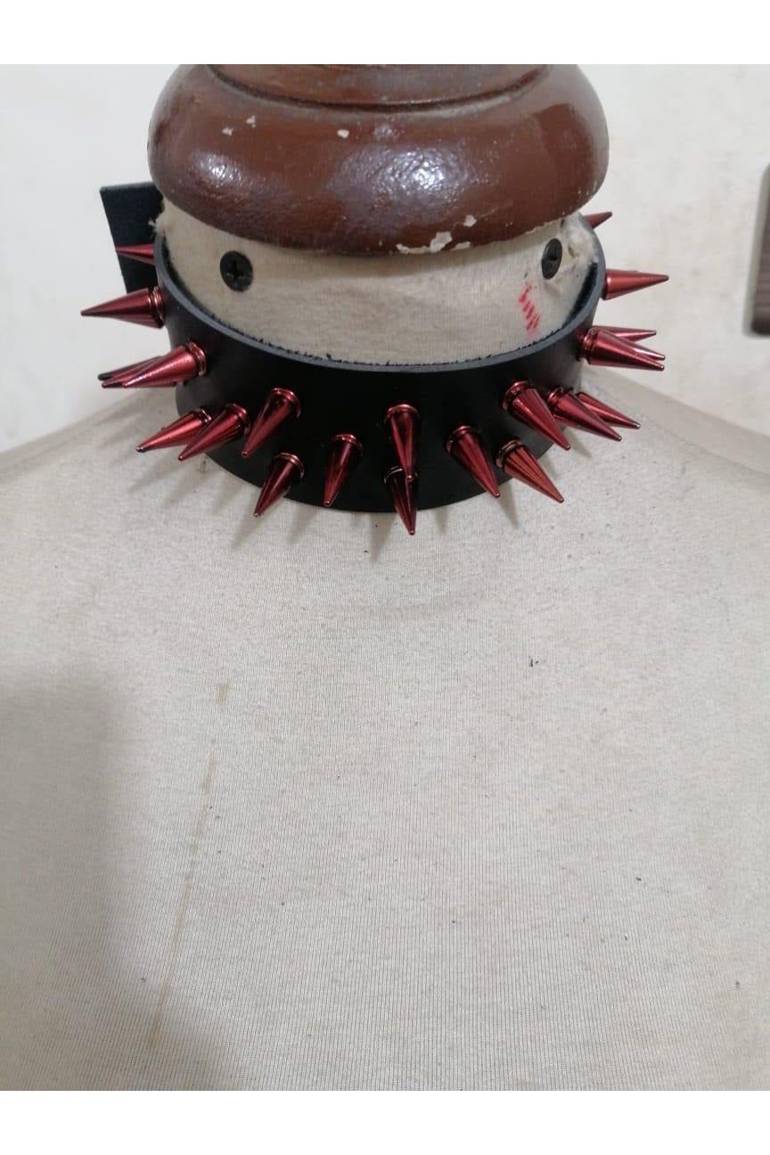 Black Faux Leather & Red Metallic Spike Choker - Daisy Corsets