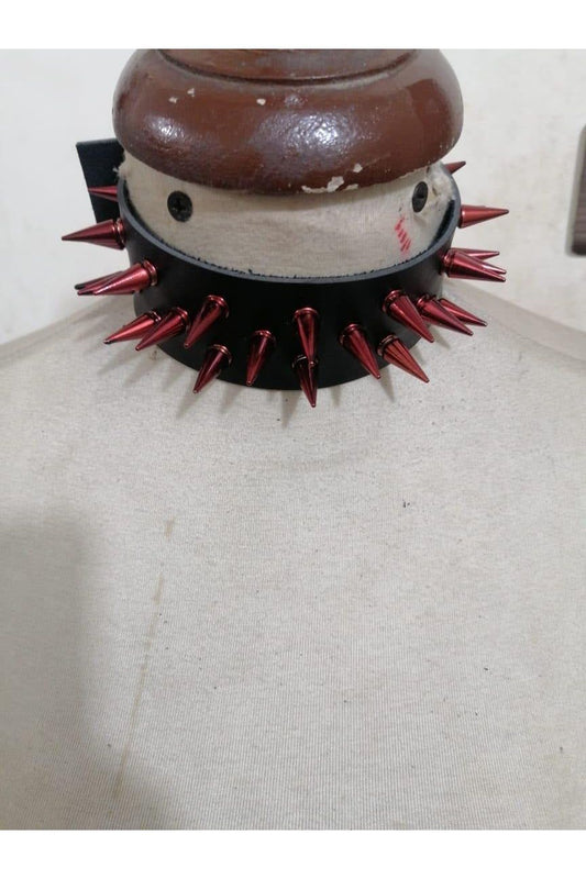 Black Faux Leather & Red Metallic Spike Choker - Daisy Corsets