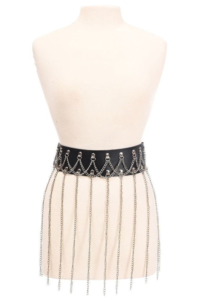 Black Faux Leather & Silver Chain Fringe Skirt - Daisy Corsets