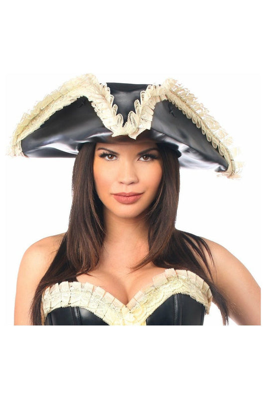 Black Faux Leather w/Cream Lace Pirate Hat - Daisy Corsets