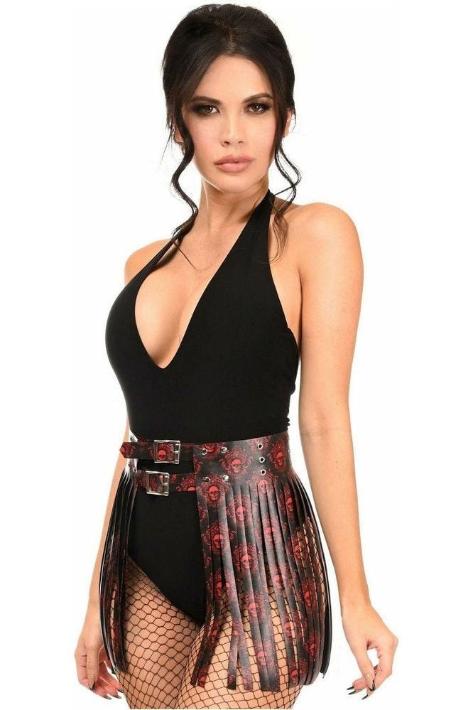 Black & Red Skull Faux Leather Fringe Skirt - Daisy Corsets