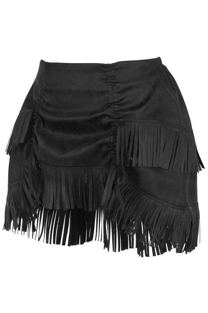 Black Suede Ruched Bustle Skirt w/Fringe - Daisy Corsets