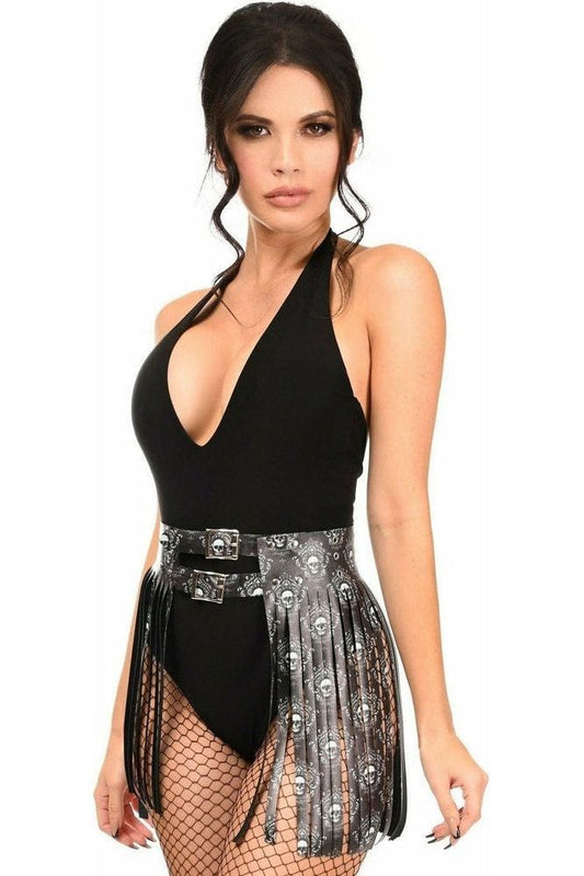 Black & White Skull Faux Leather Fringe Skirt - Daisy Corsets