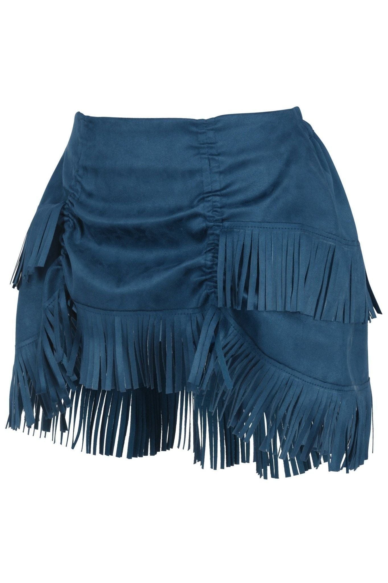 Blue Suede Ruched Bustle Skirt w/Fringe - Daisy Corsets