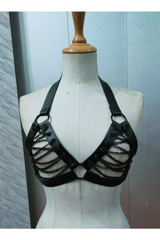 Candy Collection - Black Chain Lace - Up Bra Top Harness - Daisy Corsets