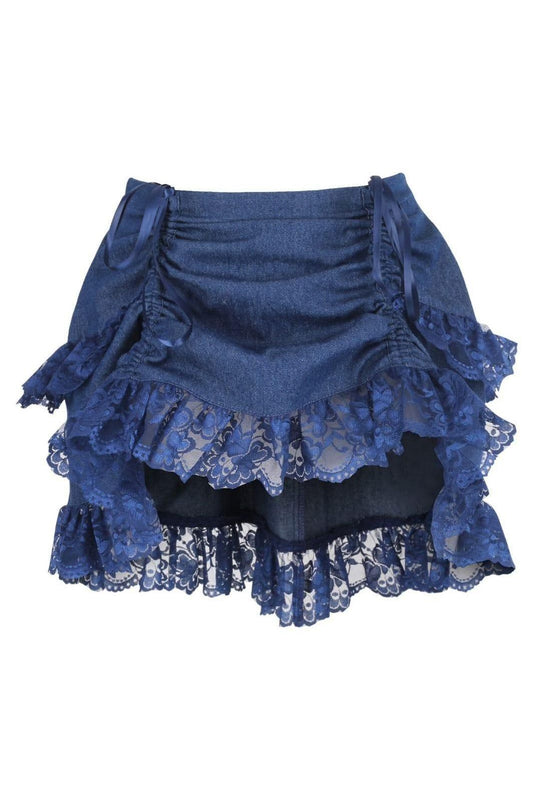 Dark Blue Denim Ruched Bustle Skirt w/Lace - Daisy Corsets