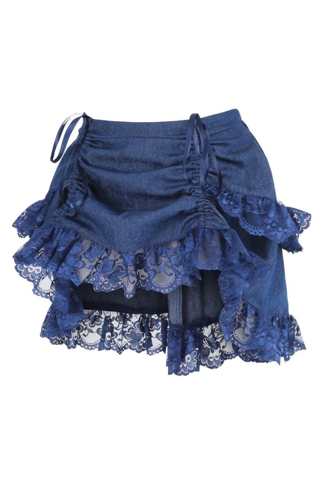 Dark Blue Denim Ruched Bustle Skirt w/Lace - Daisy Corsets