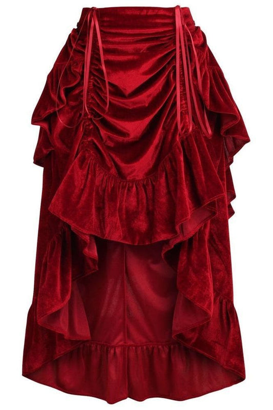 Dark Red Velvet Adjustable High Low Bustle Skirt - Daisy Corsets
