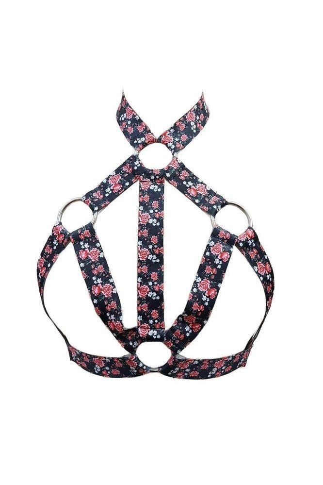 Floral Print Stretchy Body Harness w/Silver Hardware - Daisy Corsets