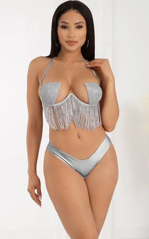 Bikini with Rhinestone Fringe Silver and Gold