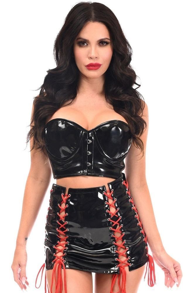 Lavish 2 PC Black Patent Bustier & Lace - Up Skirt Set - Daisy Corsets