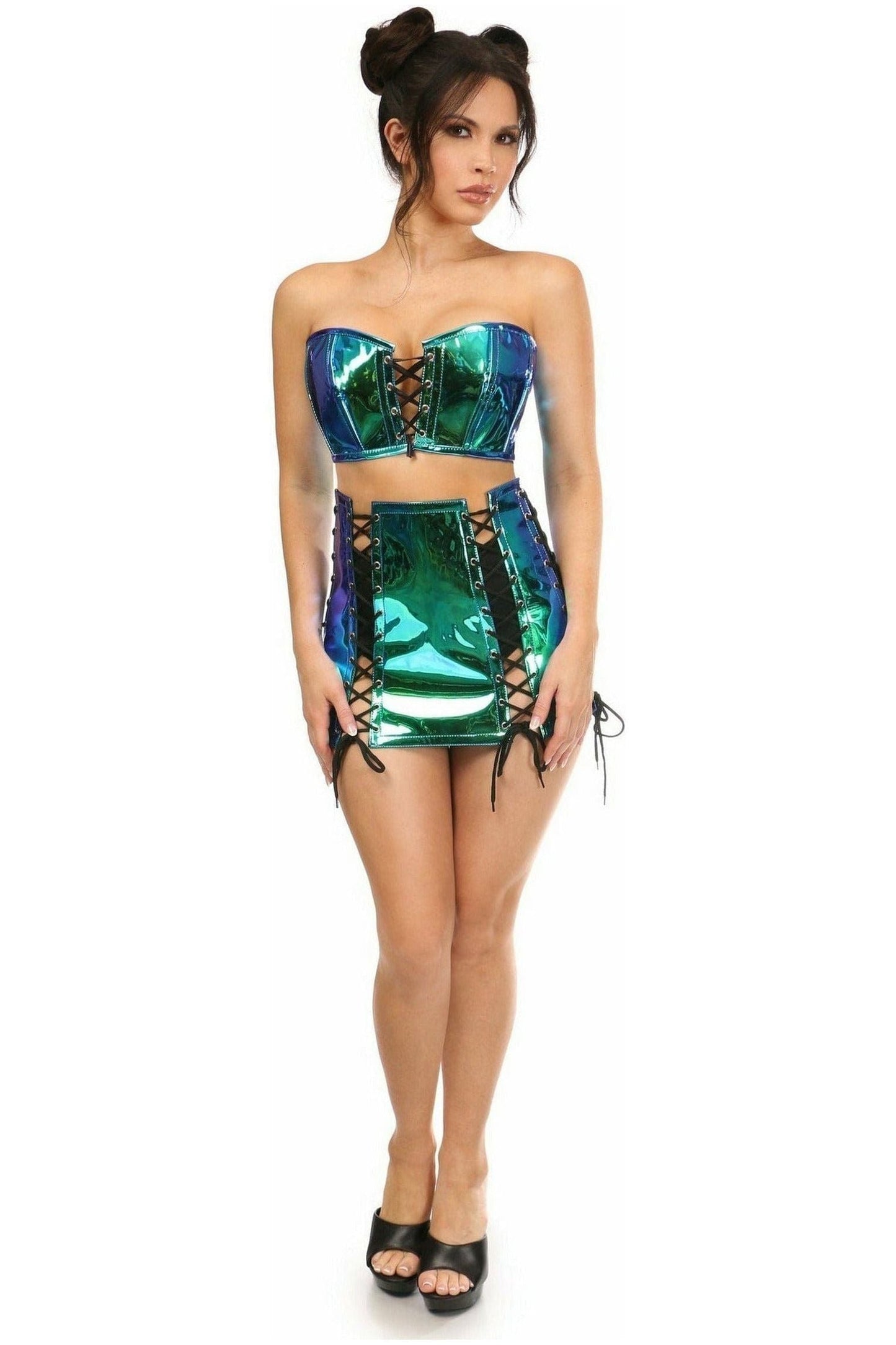 Lavish 2 PC Blue/Teal Holo Bustier & Skirt Set - Daisy Corsets