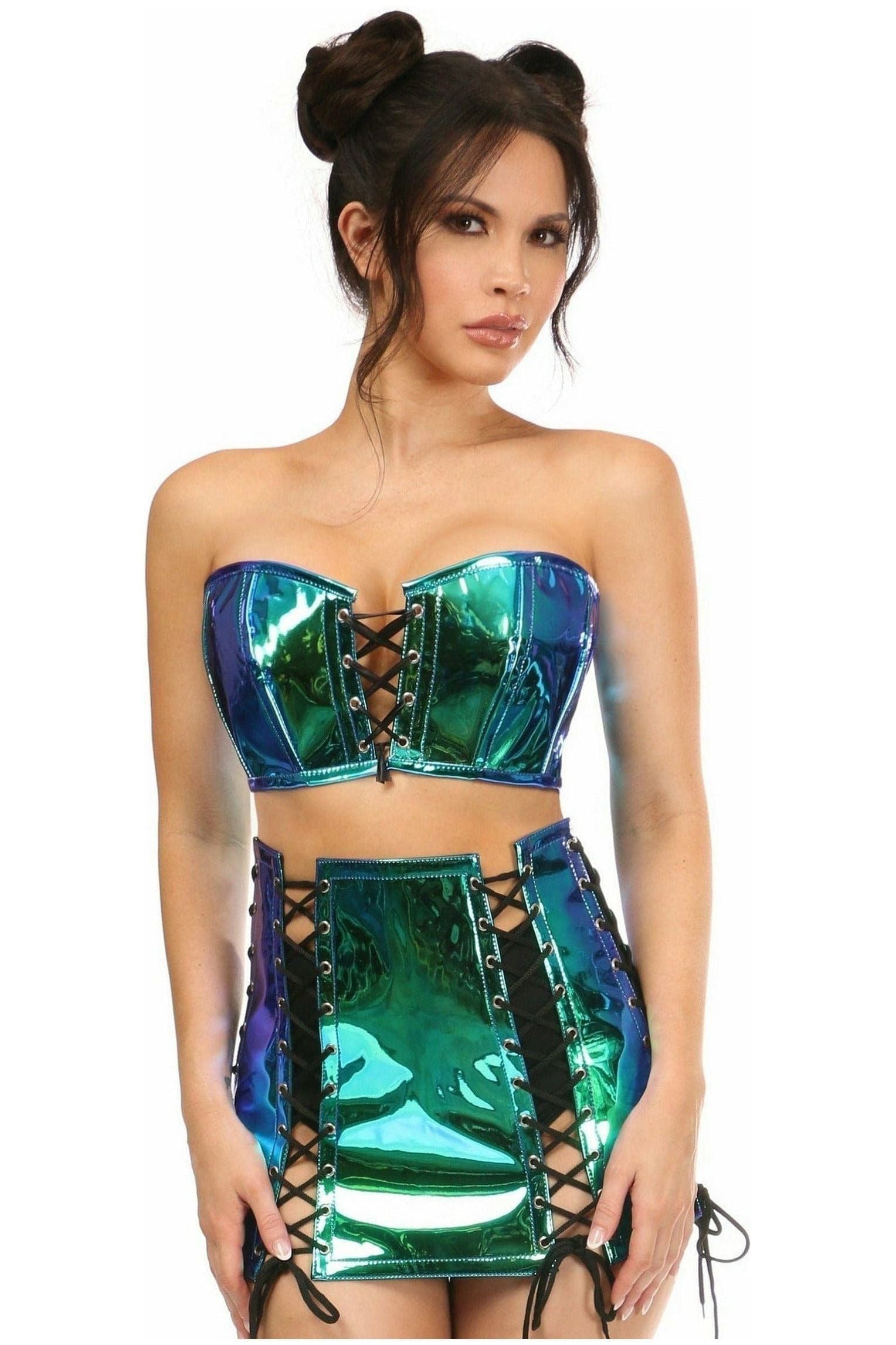 Lavish 2 PC Blue/Teal Holo Bustier & Skirt Set - Daisy Corsets