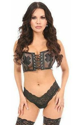 Lavish Black Fishnet & Faux Leather Lace - Up Short Bustier Top - Daisy Corsets