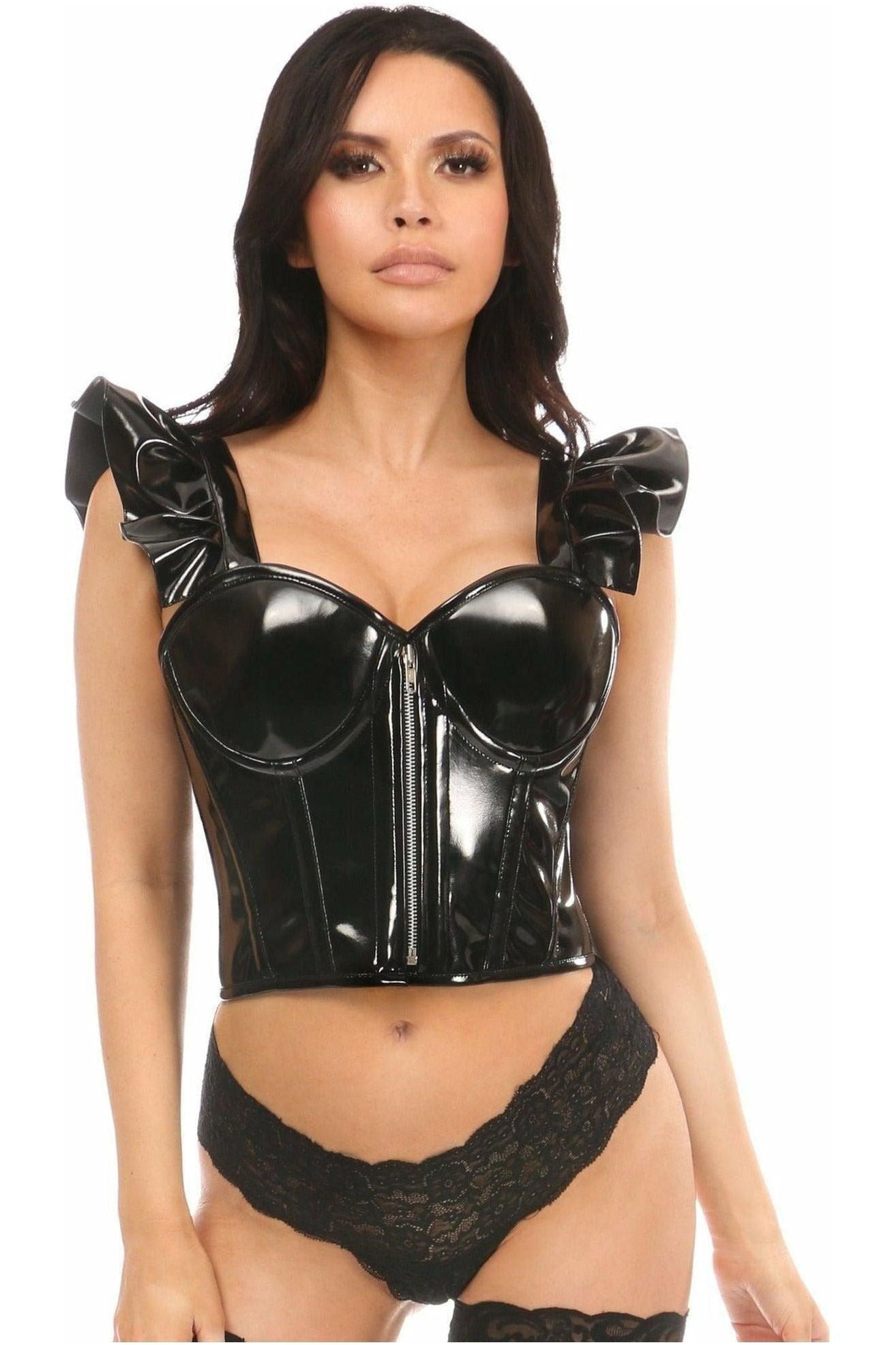 Lavish Black Patent Bustier Top w/Ruffle Sleeves - Daisy Corsets