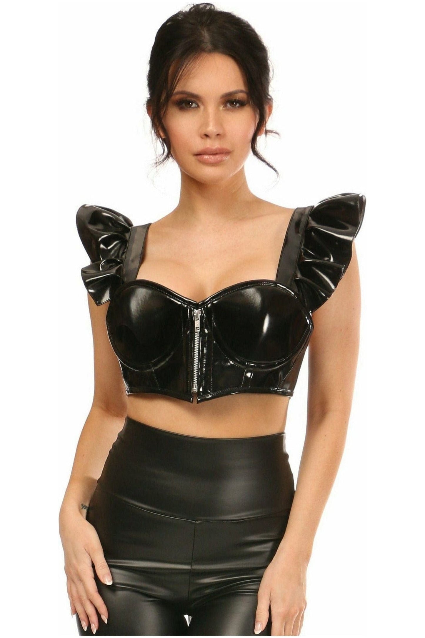 Lavish Black Patent Underwire Bustier Top w/Removable Ruffle Sleeves - Daisy Corsets