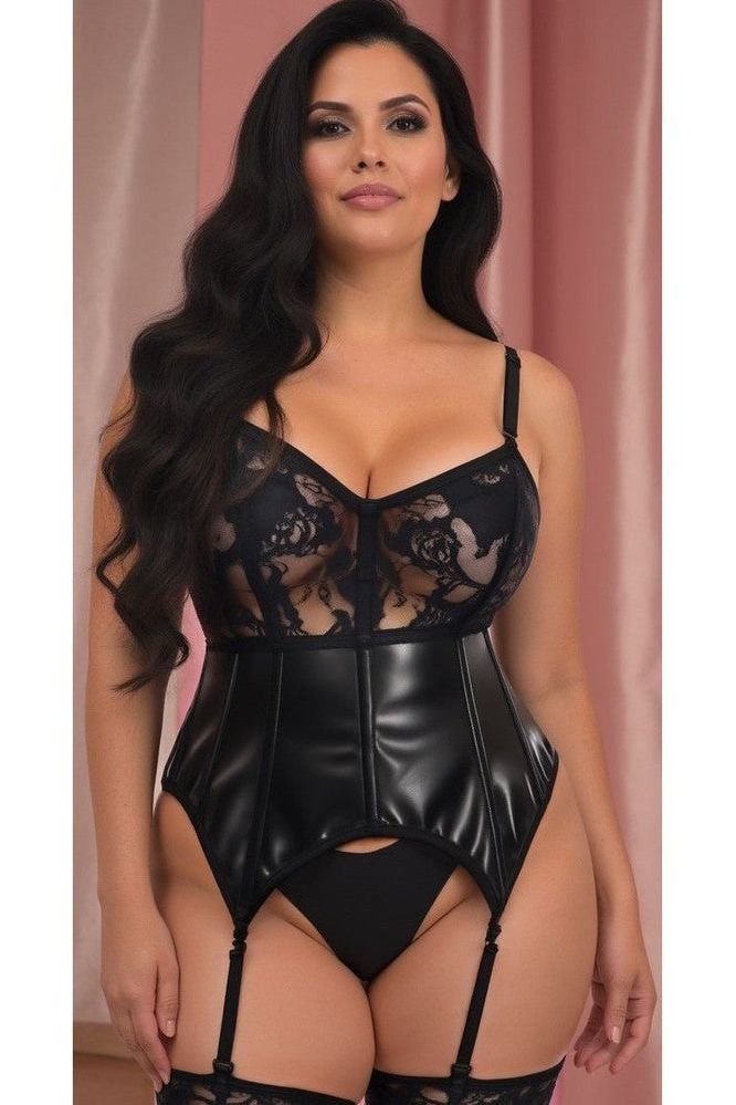 Lavish Black Wet Look & Lace Bustier Corset w/Garters - Daisy Corsets